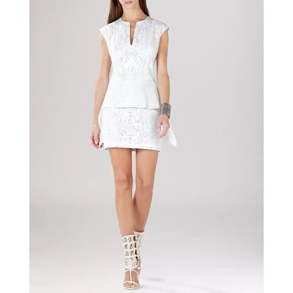 BCBGMaxAzria White Lace Isabel Draped-Side Peplum Dress $185 - Picture 1 of 12